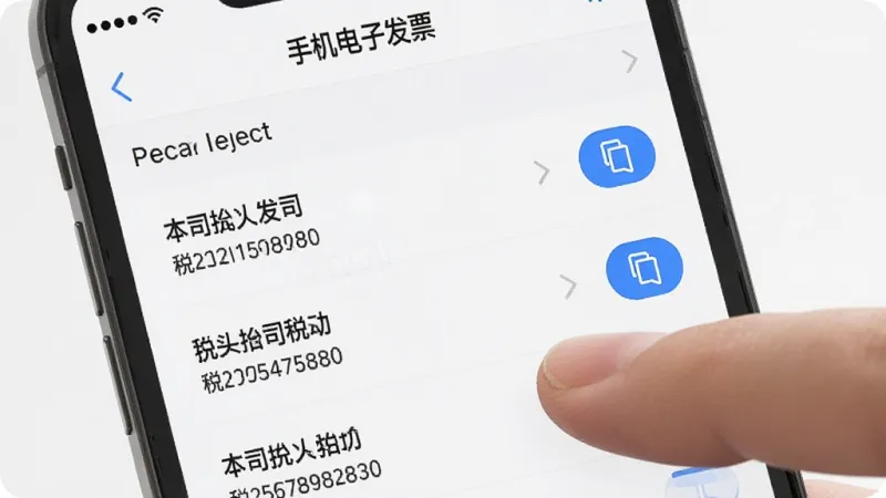 手机屏幕特写，显示“手机电子发票”软件中的发票抬头管理列表界面，列表中有多个公司名称和税号条目，右侧有复制按钮图标，画面中有手指点击屏幕的动作，背景简洁明亮，风格现代扁平，画质干净清晰，无多余元素