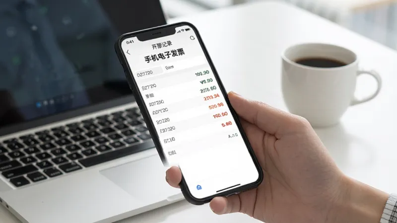 手机屏幕显示“手机电子发票”软件的开票记录页面，页面上有日期和发票金额列表，旁边有一只手拿着手机，背景是办公桌面环境，有笔记本电脑和咖啡杯，风格写实清新，画质干净明亮，无多余元素