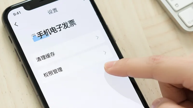 手机屏幕显示“手机电子发票”软件的设置页面，页面上有清理缓存和权限管理选项，旁边有手指点击的动作，背景是简洁的浅色桌面，风格现代扁平，画质干净清晰，无多余元素
