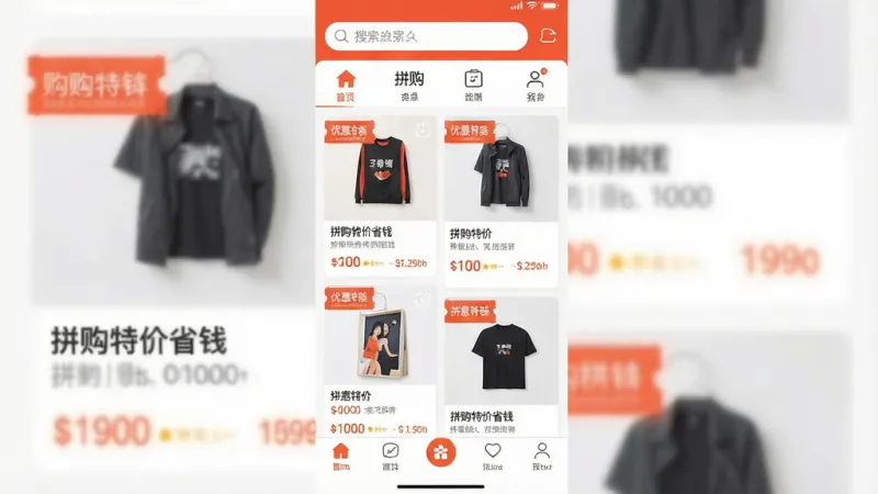 一张展示拼购特价省钱软件核心全貌的竖版手机界面截图,画面中央是软件主页面,顶部有搜索框和分类图标,中间是商品瀑布流卡片,每张卡片上带有优惠券标签和价格对比信息,底部导航栏清晰,风格简洁明快,配色以橙红和白色为主,画质清晰干净,无多余元素,图片中带有“拼购特价省钱”文字