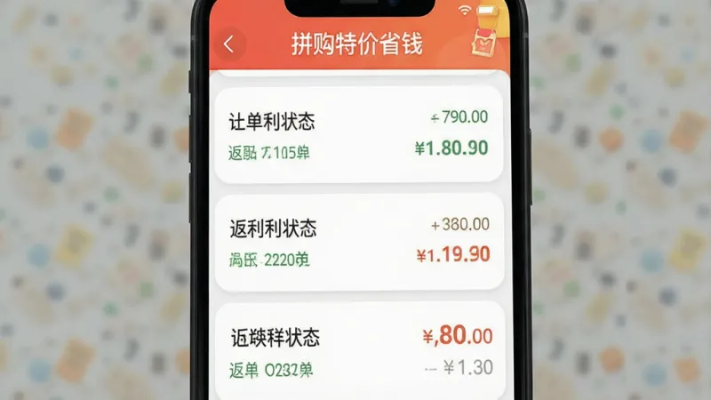 一张展示拼购特价省钱返利记录页面的手机截图,画面中列表展示多笔订单的返利状态和金额,顶部有“拼购特价省钱”标题栏,整体布局清晰,文字标签明确,风格现代扁平,细节圆润,画质干净无多余元素