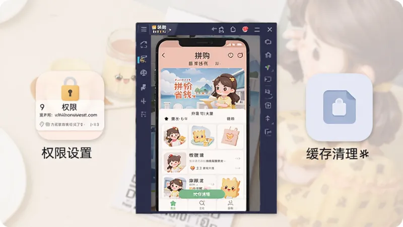 一张展示拼购特价省钱在手机模拟器中运行的界面截图,画面中有模拟器窗口和软件主页面,旁边配有权限设置和缓存清理的示意图标,风格为教程图解式,配色柔和,画质清晰干净,无多余元素