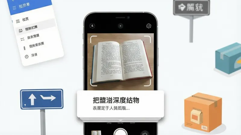 一张展示拍照翻译星应用核心全貌的手机界面图，画面中央是手机屏幕，屏幕里显示相机取景框对准一本外文书籍，取景框下方浮现中文翻译结果卡片，手机周围散落着菜单、路牌、商品包装盒等生活元素，布局以手机为视觉中心，排版简洁留白充足，风格为现代扁平化插画，细节上翻译卡片有轻微投影、取景框四角有对焦标记，画质干净清晰，无多余元素