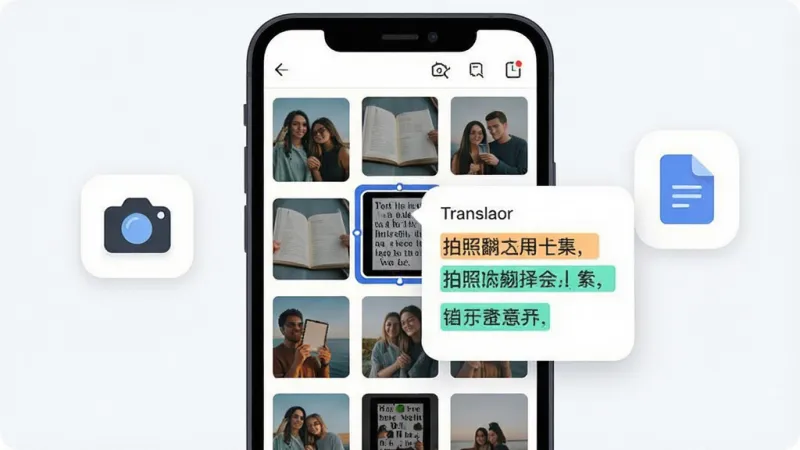 一张拍照翻译星相册导入功能的场景示意图，画面主体是一部手机，手机屏幕显示相册缩略图网格，其中一张外语截图被选中并弹出翻译结果浮层，布局为手机居中、左侧漂浮着相机图标、右侧漂浮着文档图标，排版疏密有致，风格为清爽的矢量插画，细节上浮层边缘圆润、译文用高亮色块标注，画质干净，无多余元素