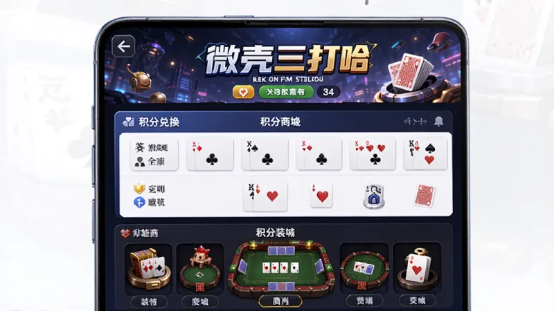 微壳三打哈 功能特色展示图 主体为手机屏幕中的赛事活动页面与积分商城 布局上方显示赛事横幅 中间是积分兑换列表 下方为牌桌装扮预览 风格为游戏化UI设计 细节精致 画质清晰 无多余元素