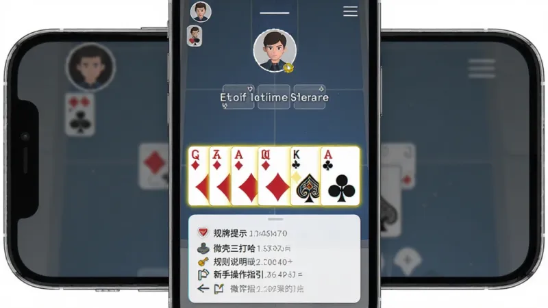 微壳三打哈 新手操作指引界面 主体为手机屏幕显示牌局中的出牌提示与规则说明 布局上方为对手头像 中间是手牌高亮提示 下方是规则弹窗 风格为简洁工具类UI 细节清晰 画质干净 无多余元素