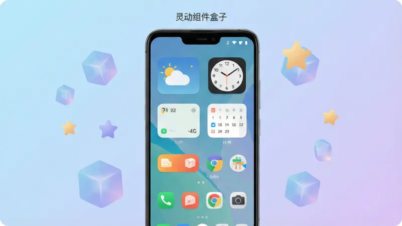 一张手机桌面场景图，画面中央是一部安卓手机，手机屏幕显示着色彩清新的桌面，桌面上整齐排列着天气、时钟、日历等不同样式的小组件，手机周围散落着几个半透明的几何方块和星星点缀，背景是柔和的浅蓝到浅紫渐变，风格现代扁平化，细节圆润，画质干净，画面中手机屏幕上方有一行小字