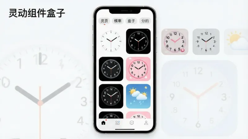 一张手机应用界面的展示图，画面中心是手机屏幕，屏幕里显示着一个网格状排列的小组件模板库，每个格子是一种不同风格的时钟或天气组件缩略图，有白色极简款、黑色科技款、粉色可爱款等，界面顶部有分类标签栏，底部有导航按钮，整体风格清新明亮，画质干净，屏幕左上角显示