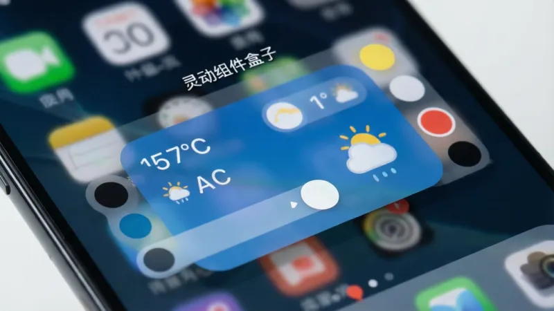 一张手机桌面局部特写图，画面聚焦在手机屏幕上的一个天气小组件，组件显示着温度和天气图标，周围有半透明的调节滑块和颜色选择圆点悬浮在屏幕上方，表示正在自定义调整组件外观，背景是虚化的手机桌面，风格简洁现代，画质清晰，组件上方有