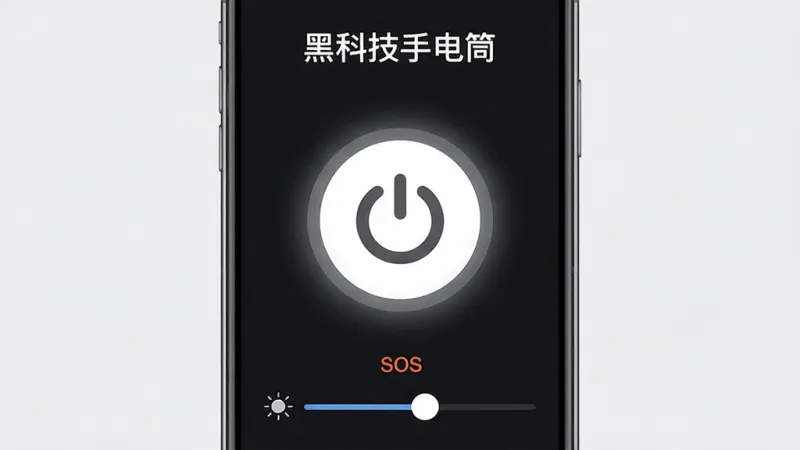 画面主体是一部智能手机，屏幕点亮显示黑科技手电筒APP的主界面，中央是一个巨大的圆形电源开关按钮，按钮呈亮白色发光状态，背景为深色极简风格，顶部有“黑科技手电筒”字样，布局为上下结构，上方是开关下方是SOS和亮度调节滑条，风格为现代科技感扁平化设计，细节上按钮边缘有柔和光晕，画质清晰干净，无多余元素