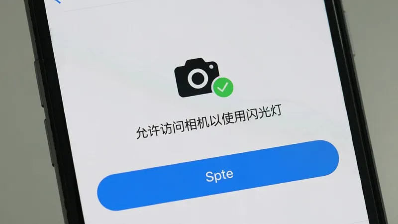 画面主体是一个手机屏幕特写，显示黑科技手电筒APP的权限设置引导页面，页面中央有一个相机图标旁边打勾，下方有文字“允许访问相机以使用闪光灯”，背景为浅灰色，布局简洁居中，风格为系统设置界面风格，细节上按钮为蓝色圆角矩形，画质清晰干净，无多余元素
