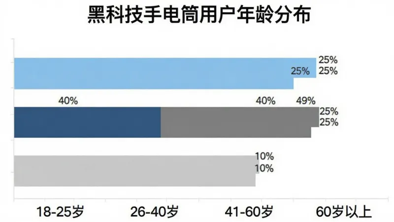 画面主体是一个横向柱状图，标题为“黑科技手电筒用户年龄分布”，图表分为四个柱条，分别标注“18-25岁”占比25%、“26-40岁”占比40%、“41-60岁”占比25%、“60岁以上”占比10%，柱条颜色分别为浅蓝、深蓝、灰色、浅灰，背景为纯白色，布局简洁清晰，风格为扁平化数据可视化图表，细节上柱条顶部有数值标签，画质干净无多余元素