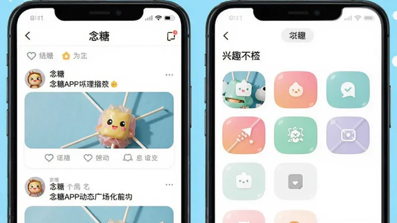 一张展示念糖APP动态广场和兴趣标签功能的界面图，画面中一部手机屏幕分为两部分，左侧显示动态广场的信息流，右侧显示兴趣标签的选择界面，屏幕上方有“念糖”字样，整体风格清新明快，细节清晰，画质干净