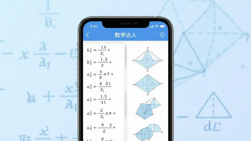 一张展示“数学达人”软件核心界面的手机样机图，画面中央是手机屏幕，屏幕内显示数学公式列表和几何图形绘制的界面，背景为简洁的浅蓝色渐变，风格清爽扁平化，细节清晰，画质干净无多余元素