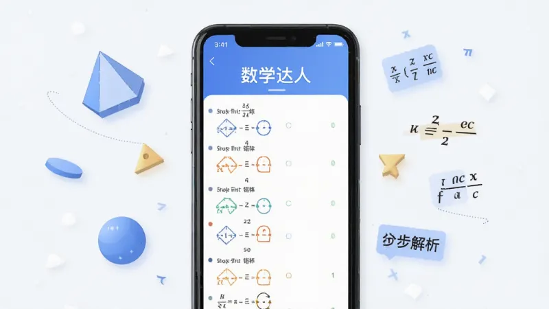 一张展示“数学达人”错题本功能的界面图，手机屏幕中显示错题列表和分步解析的排版，旁边漂浮着几何图形和公式符号的装饰元素，风格现代简约，画质干净清晰