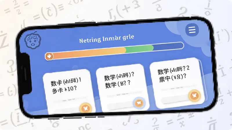 一张展示“数学达人”每日练习和闯关模式的界面图，手机屏幕中显示关卡进度条和题目卡片，背景有淡淡的数学符号纹理，风格活泼明快，画质干净