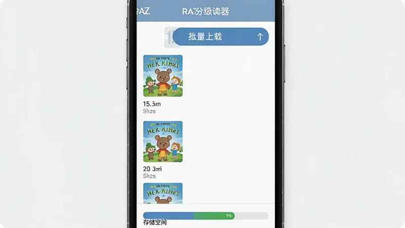 一张展示RAZ分级阅读器离线缓存功能的图片，画面中手机屏幕显示下载管理界面，列表里排列着已缓存的绘本封面和文件大小，顶部有批量下载按钮，底部显示存储空间使用条，风格简洁直观，画质干净，无多余元素