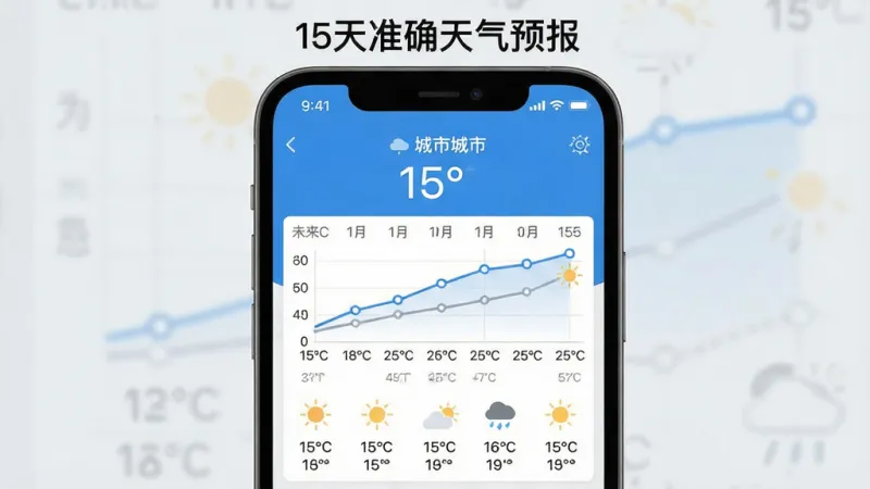 一张手机屏幕展示天气应用主界面，顶部显示城市名称和当前温度，中间是未来15天天气趋势折线图，下方排列着每日天气图标和温度区间，整体布局简洁清晰，蓝白配色，风格现代扁平，画质干净无多余元素，屏幕上方有“15天准确天气预报”字样