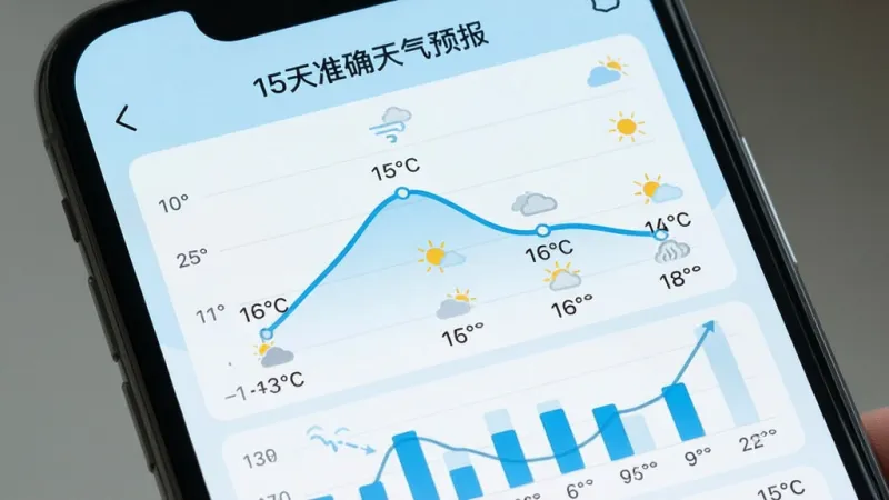 一张手机屏幕特写，显示未来15天天气趋势折线图，折线有升有降，旁边标注着温度数值和天气图标，下方有降水概率柱状图，界面以浅蓝色和白色为主，风格清爽现代，屏幕上方有“15天准确天气预报”应用名称