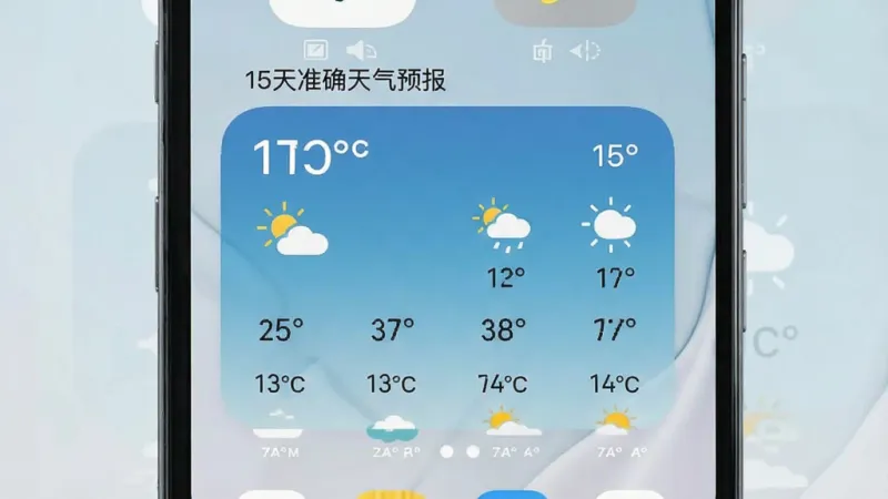 一张手机桌面截图，桌面上放置着天气小组件，小组件显示当前温度、天气图标和未来几小时趋势，背景是简洁的壁纸，小组件风格与系统融合自然，画面干净整洁，小组件上方有“15天准确天气预报”字样