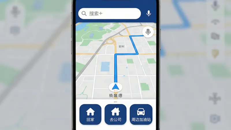 高行极速导航应用主界面全貌展示，手机屏幕竖版构图，顶部为搜索框与语音输入图标，中间为实时地图与蓝色导航路线，底部为回家、去公司、周边加油站三个快捷按钮，整体采用深蓝与白色配色方案，扁平化设计风格，图标线条简洁圆润，画质清晰干净，无多余装饰元素