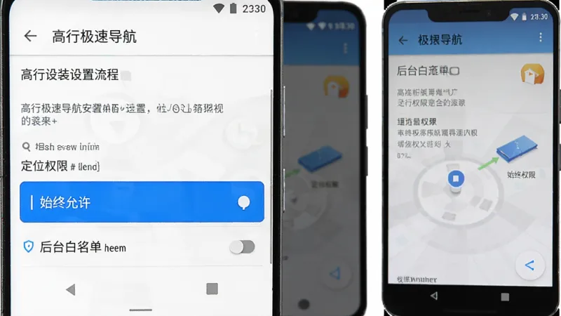 高行极速导航安装设置流程示意图，手机屏幕展示权限设置页面，突出显示定位权限“始终允许”选项与后台白名单开关，界面为安卓系统设置风格，配色为白色底配蓝色高亮，布局清晰直观，画质干净无多余元素