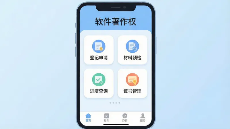 一张展示“软件著作权”应用主界面的手机截图风格插画，画面中央是手机屏幕，屏幕内显示应用首页，顶部有“软件著作权”文字标题，中间是功能卡片式布局，包含“登记申请”“材料预检”“进度查询”“证书管理”四个圆角图标按钮，底部导航栏清晰，整体背景为浅蓝色渐变，风格简洁现代扁平化，细节圆润，画质干净清晰，无多余元素