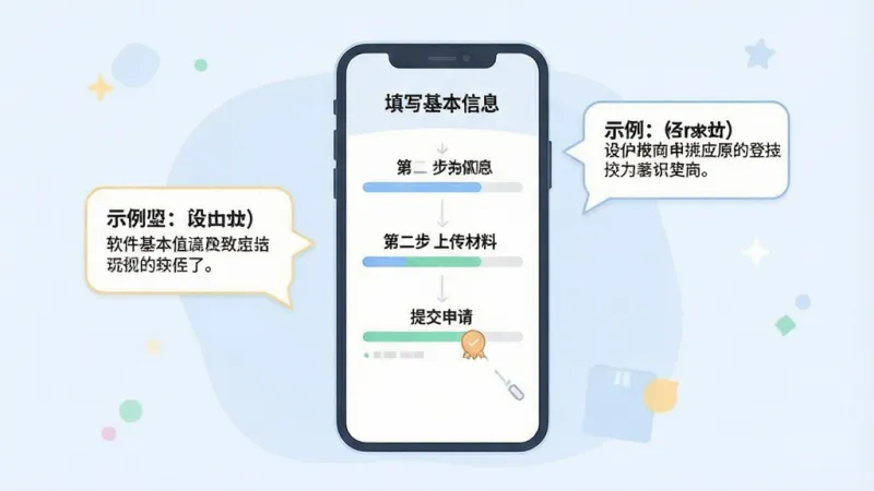 一张展示“软件著作权”应用内登记流程引导界面的插画，画面中手机屏幕显示分步骤的向导页面，有“第一步 填写基本信息”“第二步 上传材料”“第三步 提交申请”的进度条，屏幕一侧有示例说明气泡，整体风格为浅色系扁平设计，布局清晰，画质干净，无多余元素