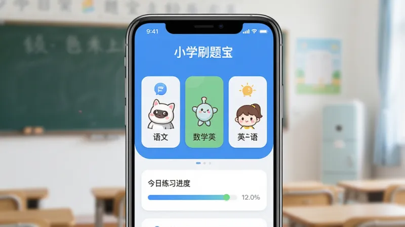 一张展示小学刷题宝软件核心全貌的图片，主体为一部手机屏幕，屏幕中显示小学刷题宝的首页界面，包含语文数学英语三个科目入口和今日练习进度条，布局为居中手机展示，排版简洁明了，风格为现代扁平化教育类App风格，细节上界面以蓝白为主色调，图标圆润可爱，画质清晰干净无多余元素