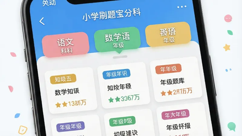 一张展示小学刷题宝分科分级题库功能的图片，主体为手机屏幕中展示语文数学英语三个科目的年级选择界面，布局为科目标签在上方、年级卡片在下方排列，排版清晰有层次，风格为清新教育类App界面风格，细节上每个年级卡片配有不同颜色标签和知识点数量提示，画质干净无多余元素