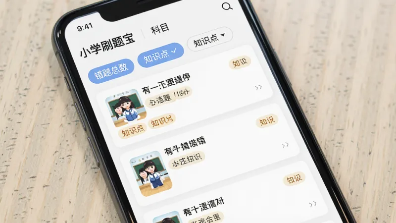 一张展示小学刷题宝错题本功能的图片，主体为手机屏幕中展示错题列表界面，布局为顶部显示错题总数和科目筛选标签、中间为错题卡片列表，排版整齐，风格为简洁工具类App风格，细节上每道错题卡片显示题目缩略和知识点标签，画质清晰干净无多余元素