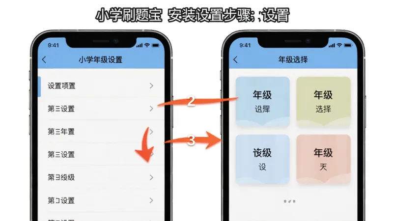 一张展示小学刷题宝安装设置步骤的图片，主体为手机屏幕中展示设置页面和年级选择界面并排显示，布局为左侧设置项列表、右侧年级选择卡片，排版对比清晰，风格为操作指引类界面风格，细节上标注了箭头指示操作顺序，画质干净无多余元素