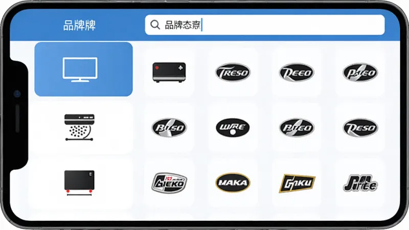 万能遥控手机电视App的设备添加界面，手机屏幕显示品牌选择列表，左侧是电视、空调、机顶盒分类标签，右侧是品牌图标网格排列，顶部搜索框输入品牌名，界面以蓝白色调为主，布局清晰，风格扁平化设计，画质干净，无多余元素
