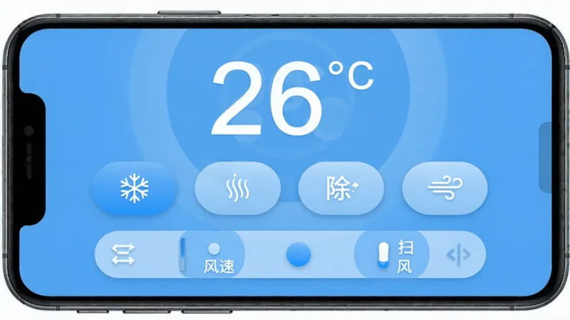 万能遥控手机电视App的空调遥控界面，手机屏幕显示大号温度数字“26°C”，下方是制冷、制热、除湿、送风模式按钮，再下方是风速和扫风控制条，界面以冷蓝色为主色调，按钮圆润，布局直观，风格清爽，画质干净，无多余元素