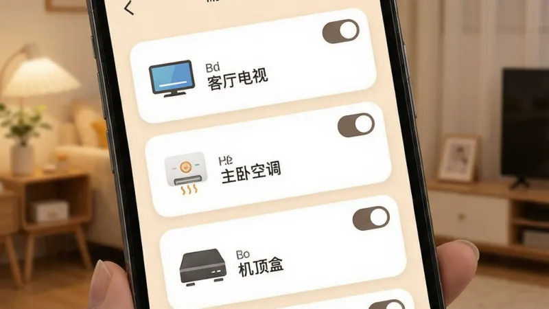 万能遥控手机电视App的多设备管理界面，手机屏幕显示设备卡片列表，每张卡片上有设备名称和图标，如“客厅电视”“主卧空调”“机顶盒”，卡片右上角有开关按钮，界面以浅色背景为主，卡片圆角设计，风格温馨居家，画质干净，无多余元素