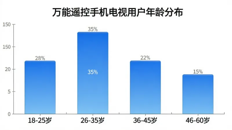 万能遥控手机电视用户年龄分布柱状图，横轴为年龄段“18-25岁”“26-35岁”“36-45岁”“46-60岁”，纵轴为占比百分比，柱体分别为28%、35%、22%、15%，柱状图配色为蓝色渐变，背景白色，图表标题“万能遥控手机电视用户年龄分布”，风格简洁商务，画质干净，无多余元素