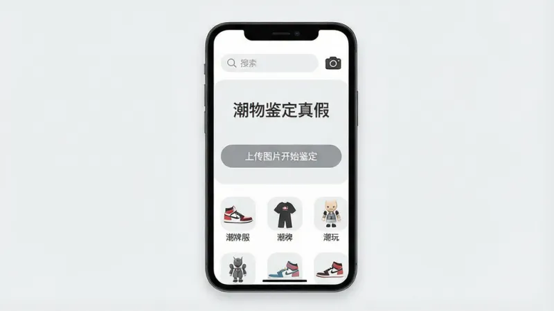 一张展示手机应用界面的图片，画面中央是一部智能手机，屏幕上显示“潮物鉴定真假”软件的首页，界面以白色和浅灰色为主，顶部有搜索框和相机图标，中间是“上传图片开始鉴定”的按钮，下方排列着球鞋、潮牌服饰、潮玩手办等分类图标，布局简洁清爽，风格现代扁平化，细节圆润，画质干净清晰，无多余元素