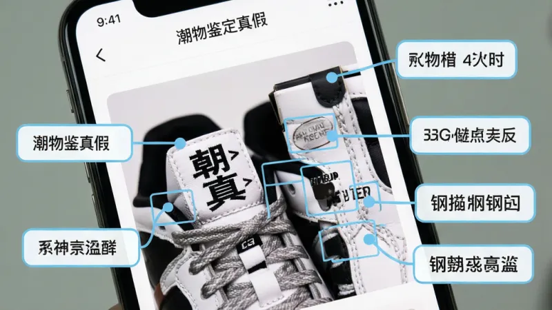 一张展示“潮物鉴定真假”软件鉴别页面的图片，画面中手机屏幕上显示一双球鞋的局部特写照片，旁边有多个标注框指向鞋标、走线、鞋盒钢印等位置，每个标注框旁配有简短文字说明，界面以白色为底，标注框用浅蓝色线条和圆角矩形呈现，风格清晰直观，画质干净无杂乱元素