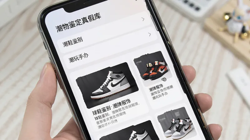 一张展示“潮物鉴定真假”软件知识库页面的图片，手机屏幕上显示分类列表，包含“球鞋鉴别”“潮牌服饰”“潮玩手办”等条目，点击进入后展示图文并茂的鉴别要点说明，界面排版整齐，采用卡片式设计，色调柔和，画质清晰干净，无多余装饰元素