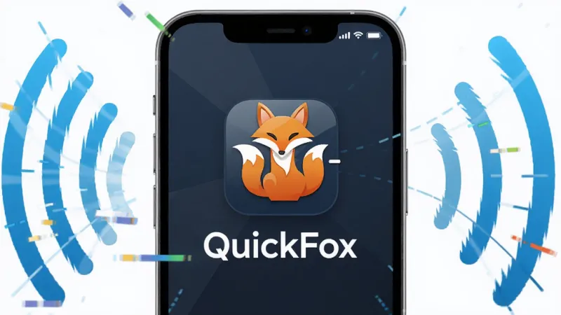 主体是一台智能手机屏幕，屏幕中央显示一只灵动的橙色狐狸图标和“QuickFox”字样，布局采用居中构图，手机周围环绕着代表网络信号的波纹和速度线条，排版简洁明了，风格为现代扁平化科技风，细节上手机边框圆润、图标有轻微光泽感，画质高清干净无多余元素