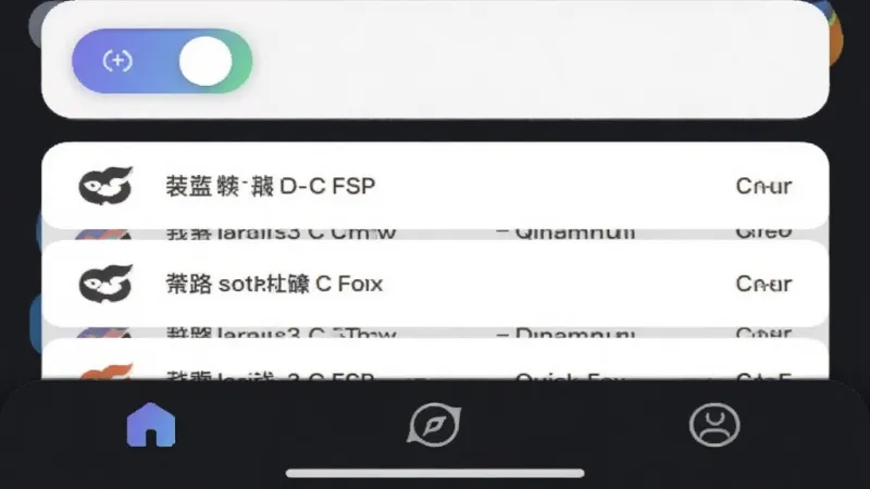 主体是QuickFox应用的主界面特写，布局为上下结构，排版上顶部是连接开关按钮、中部是线路列表卡片、底部是三个导航图标，风格为极简扁平化UI设计，细节上按钮带有微妙的渐变效果、卡片圆角柔和，画质高清干净无多余元素
