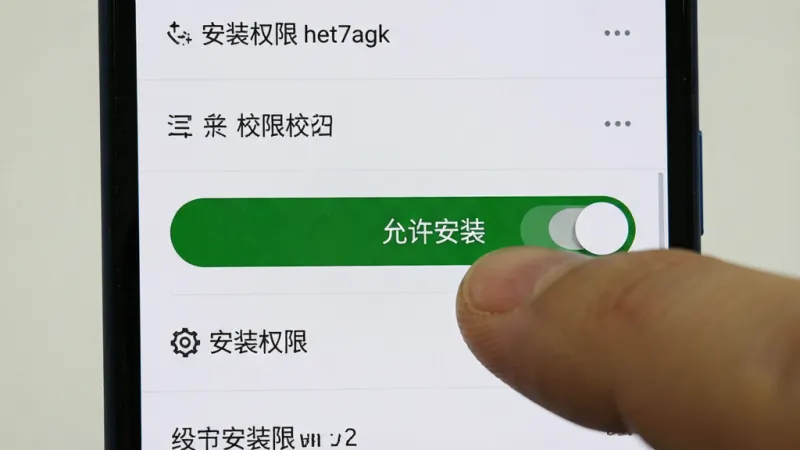 主体是一部安卓手机屏幕显示安装权限设置页面，布局为居中特写，排版上页面中间是高亮的“允许安装”开关按钮、周围是设置选项列表，风格为写实截图风，细节上手指正点击开关、页面文字清晰，画质干净无多余元素