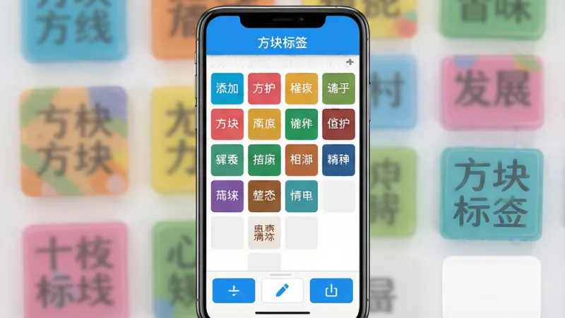 一张展示方块标签软件核心全貌的界面截图，画面中央是手机屏幕，屏幕内显示方块标签应用的主编辑界面，上方有「方块标签」四个字的标题栏，中间是彩色方块标签排列的编辑区域，标签上有文字和色块，底部是工具栏包含添加、编辑、导出按钮，整体风格清爽简洁，蓝白配色为主，画质干净清晰，无多余元素