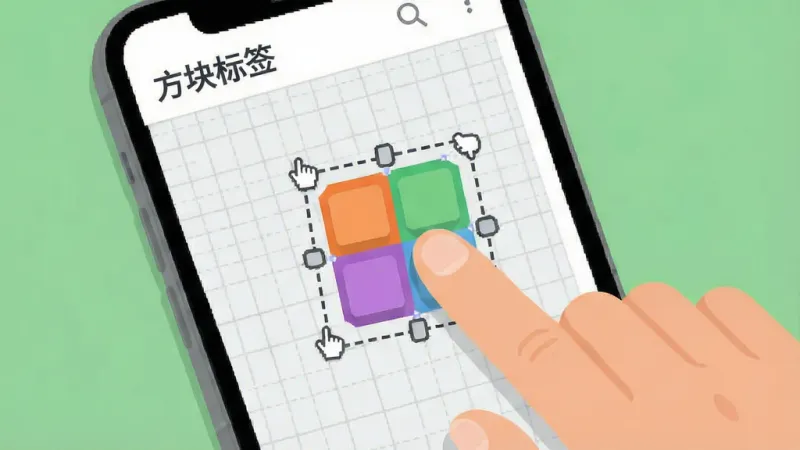 一张展示方块标签编辑界面的示意图，画面中一只手正在手机屏幕上拖动一个彩色方块标签，标签周围有虚线框和拖拽手柄，背景是浅灰色编辑网格，屏幕上显示「方块标签」应用名称，风格扁平化，色彩明快，画质干净，无多余装饰元素