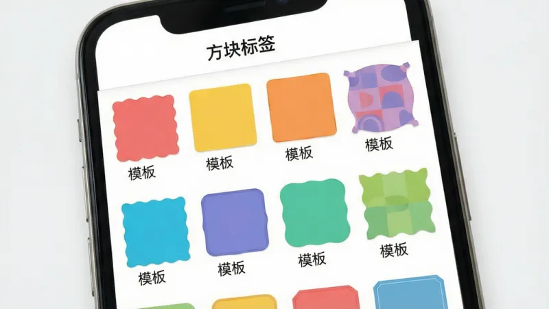 一张展示方块标签模板库界面的图片，画面中手机屏幕上排列着多个不同颜色和样式的方块标签模板缩略图，每个模板下方标注「模板」字样，屏幕顶部显示「方块标签」应用标题，界面布局整齐，风格清新，画质干净，无多余元素