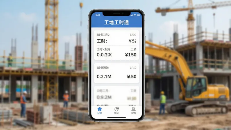 一张展示“工地工时通”应用核心界面的手机样机图,画面中央是手机屏幕,屏幕内显示应用主界面,顶部有“工地工时通”文字标题,中间是工时记录卡片列表,包含日期、工时数、工资金额等字段,底部为记录、统计、我的三个导航按钮,背景是虚化的建筑工地场景,风格为现代扁平化UI设计,细节清晰圆润,画质干净明亮,无多余装饰元素