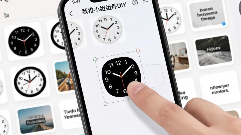 手机屏幕展示“我推小组件DIY”的编辑界面，画面中一只手正在拖拽一个时钟小组件到桌面空位上，组件边缘有虚线框提示可调整大小，背景是软件内置的组件素材库，排列着各种样式的时钟、图片、文字组件，界面以浅色为主，风格清爽，画质清晰，无多余元素