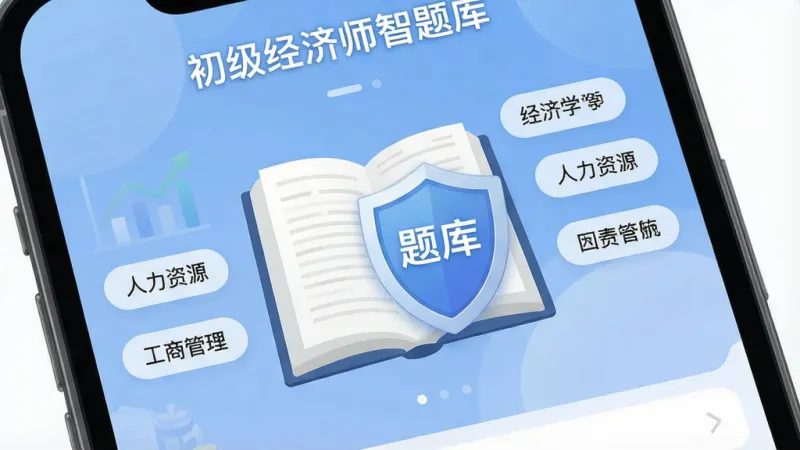 一张手机屏幕展示着“初级经济师智题库”应用的主界面，画面中央是一本翻开的电子书与一个盾牌形状的题库图标融合在一起，周围环绕着经济学基础、人力资源、工商管理等章节标签，背景是柔和的蓝色渐变，布局简洁明了，风格现代扁平化，细节清晰，画质干净，无多余元素