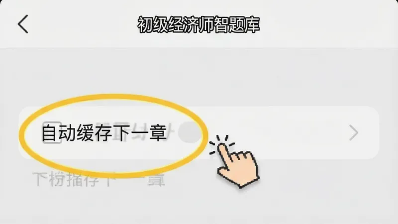 一张手机屏幕截图风格的图片，画面展示“初级经济师智题库”的设置界面，其中“自动缓存下一章”选项被高亮圈出，旁边有一个手指点击的图标，背景是浅灰色，风格简洁明了，布局清晰，画质干净，无多余元素
