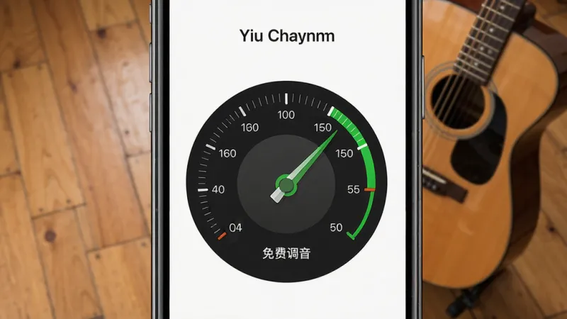 一张手机屏幕展示吉他调音App主界面的图片，画面中央是免费吉他调音App的调音表盘，指针指向绿色区域，背景是木质地板和一把木吉他，布局简洁明了，风格温暖自然，细节包括琴弦、调音旋钮和手机边缘的反光，画质清晰干净，无多余元素